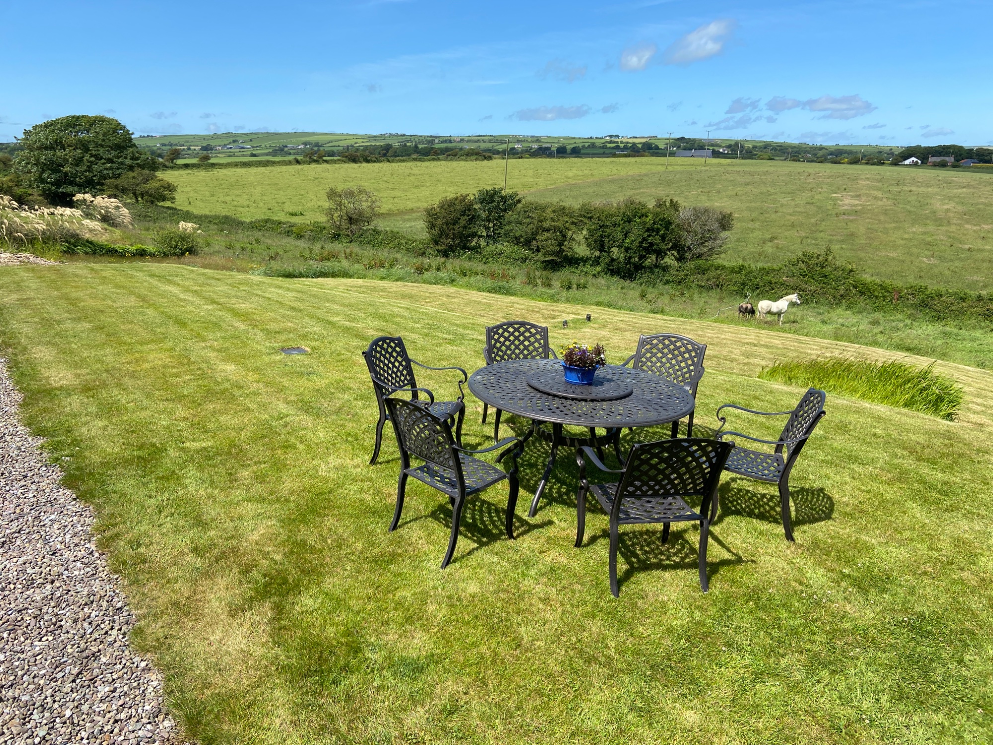 A kept lawn rolling out to the West Cork countryside